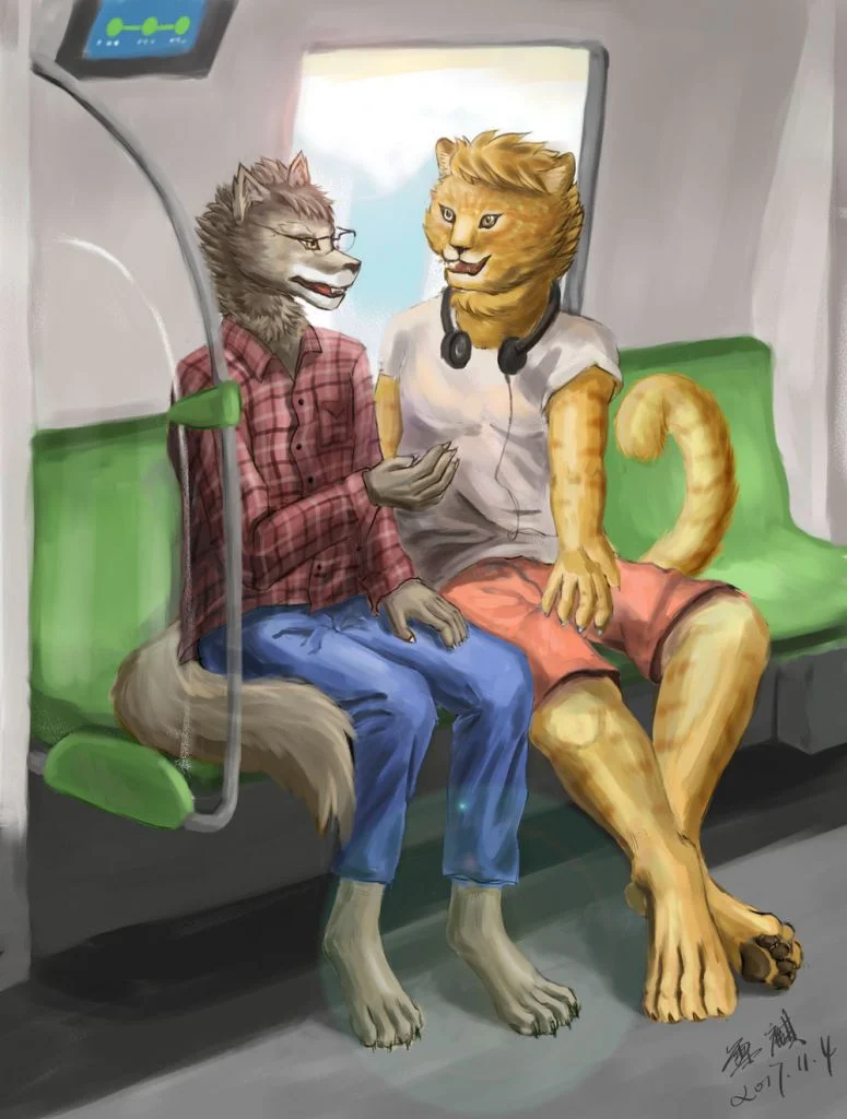 日常 - 车厢内的愉快交谈 by 雪麒, 狼, 猫, 日常