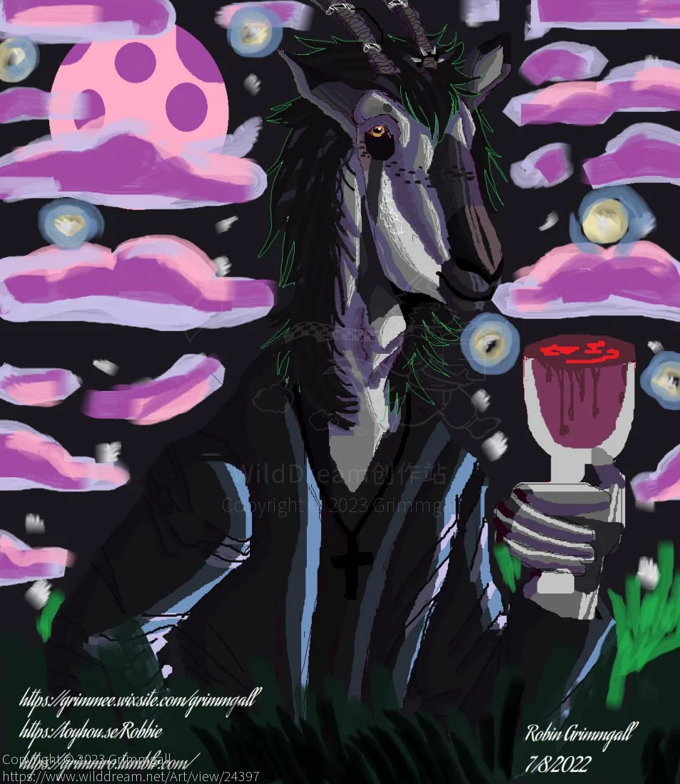 Blixa's Wine by Grimmgall, anthro, furry, animal, mammal, oryx, goth, gothic, necklace, jacket, piercings, horns, horned, male, boy, character