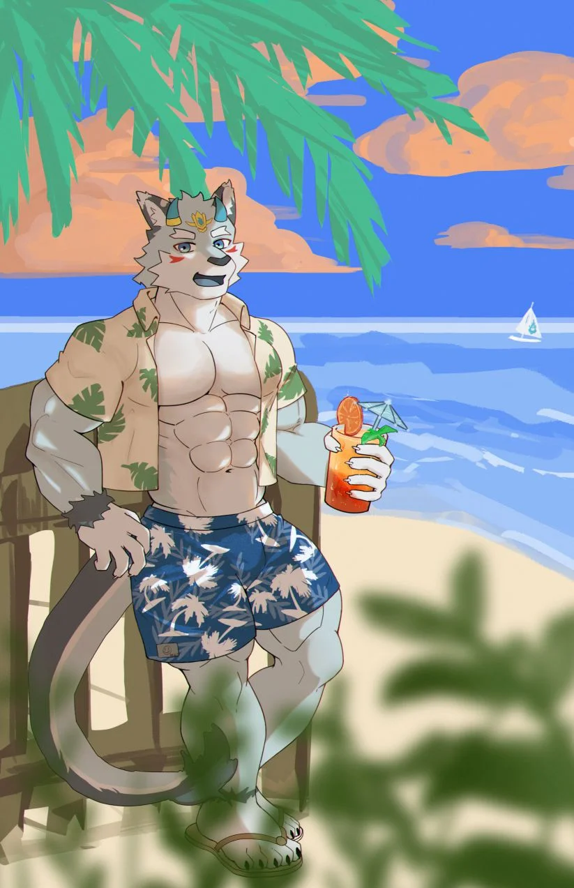 海边必须要有清凉的饮料不是吗？ by 木吉6, furry , 狼 , 肌肉