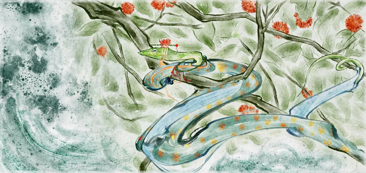 蛇栖（水墨） by 叁清无, 绿瘦蛇, 自设