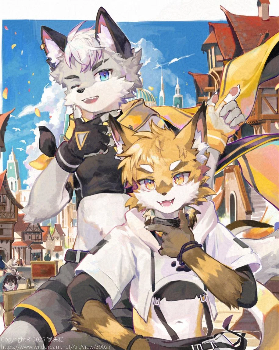 城镇 by 碳块糕, furry, 兽人, 插画, 狼