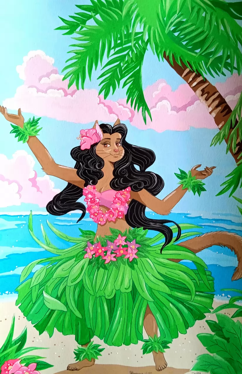 Miss Hawaii by FoxyFlapper, cat, dance, hawaii, hula