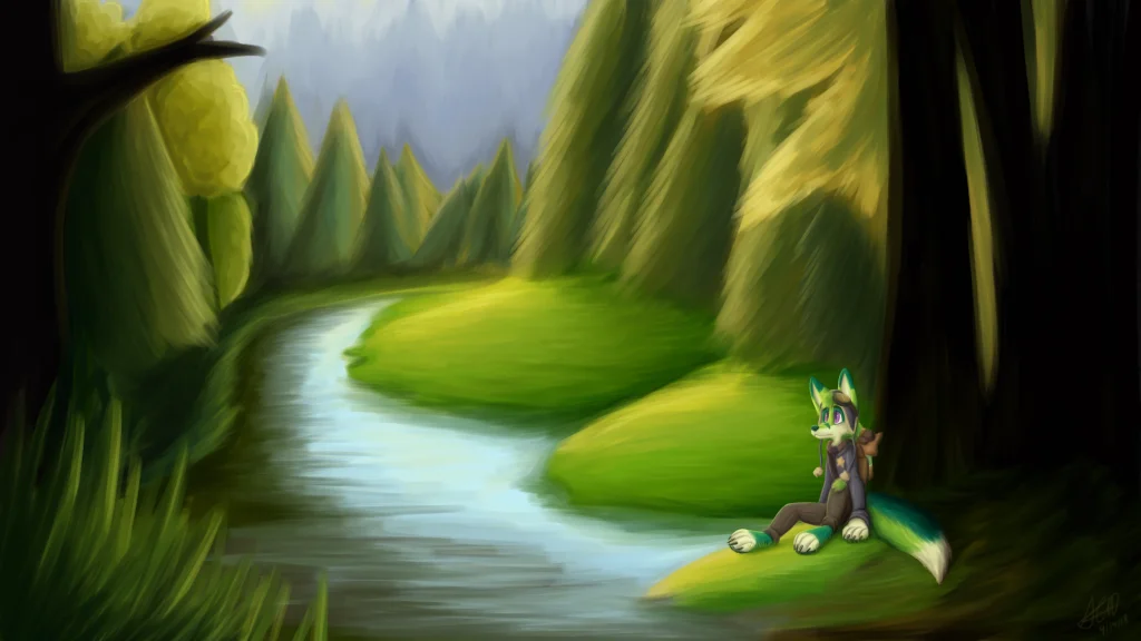 Forest River by kstreetalley, canidae, mammal, anthro, character, drawing, animal, fox, furry, red fox, forest, scenic, river