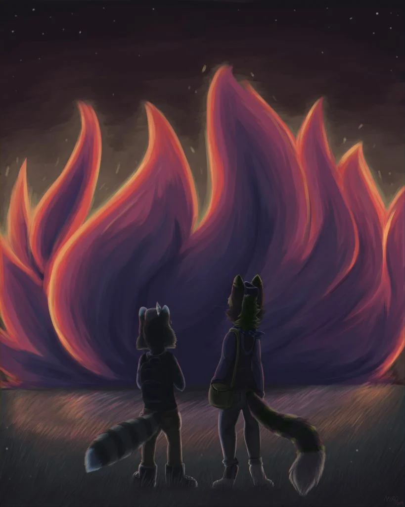 Book Cover/Poster by kstreetalley, poster, cover, fire, anthro, furry, animal, mammal, cat, raccoon, felidae, feline, oriental longhair