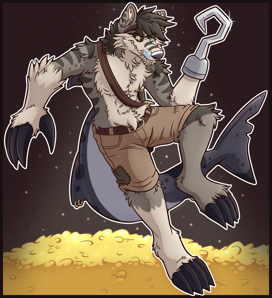 Gold-Loving Pirate by kstreetalley, animal, anthro, canine, cartoon, character, digital, drawing, furry, gold, hybrid, pirate, shark, treasure, wolf