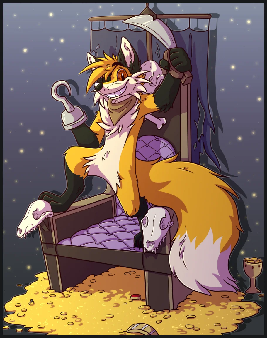 Any AU + Throne by kstreetalley, october prompt, character, digital, anthro, drawing, animal, fox, vulpine, red fox, skull, pirate, treasure, cartoon, mammal, sketch
