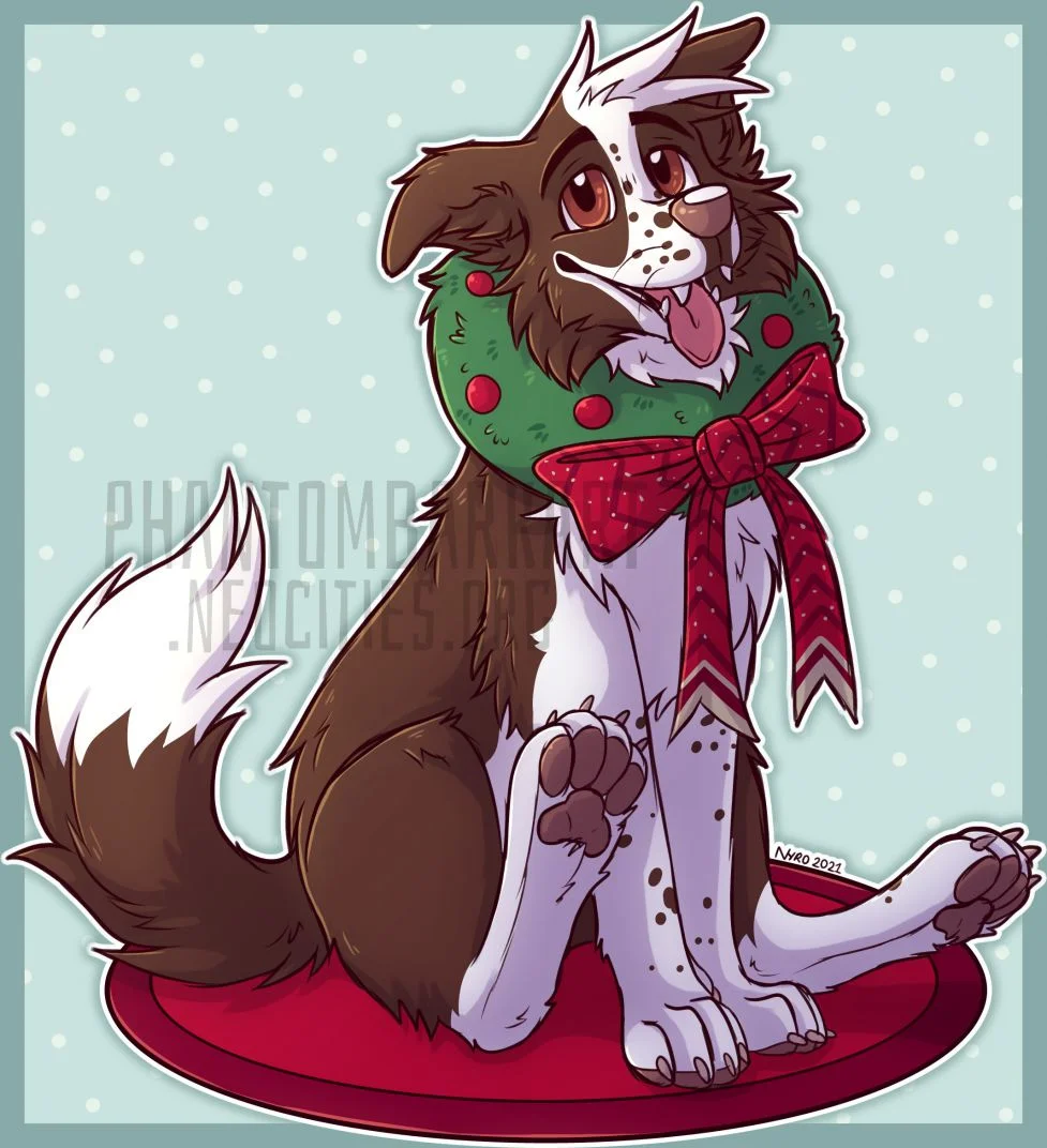 Wreath by kstreetalley, character, digital, mammal, drawing, animal, drawcember, cartoon, dog, canine, border collie, wreath, holidays, sketch