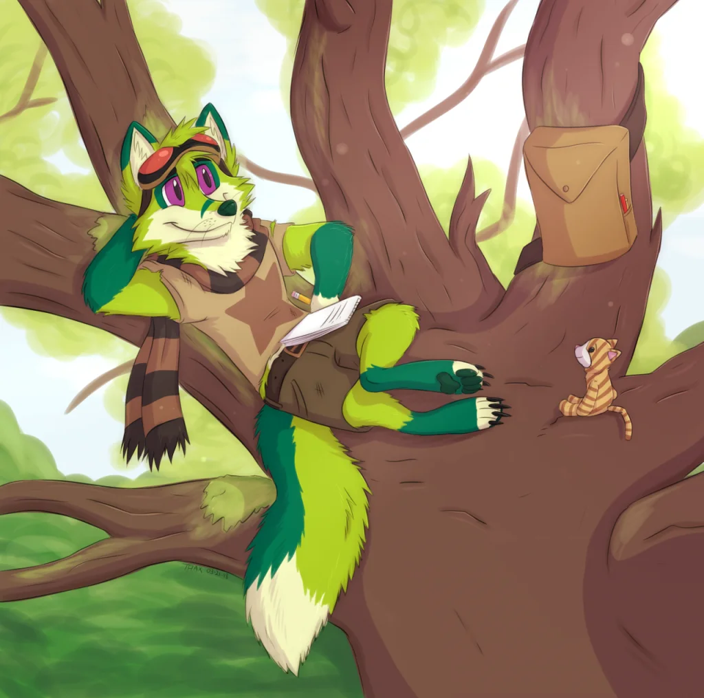 A Day in the Forest by kstreetalley, fox, red fox, vulpine, canid, canidae, character, drawing, forest, tree, yew tree, cat, stuffed animal, mammal, animal, anthro, digital