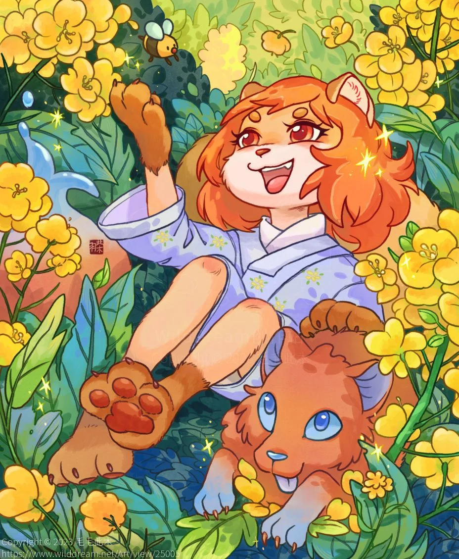 春的油菜花 by 毛毛此木, 可爱, 插画, 治愈系, 童趣, 貉子
