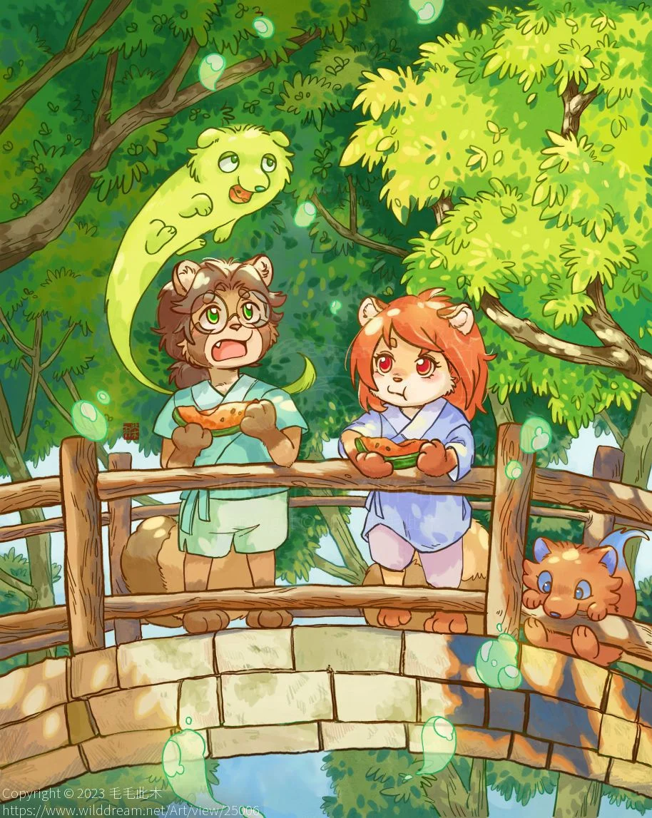 夏日西瓜 by 毛毛此木, 插画, 治愈系, 可爱, 貉子