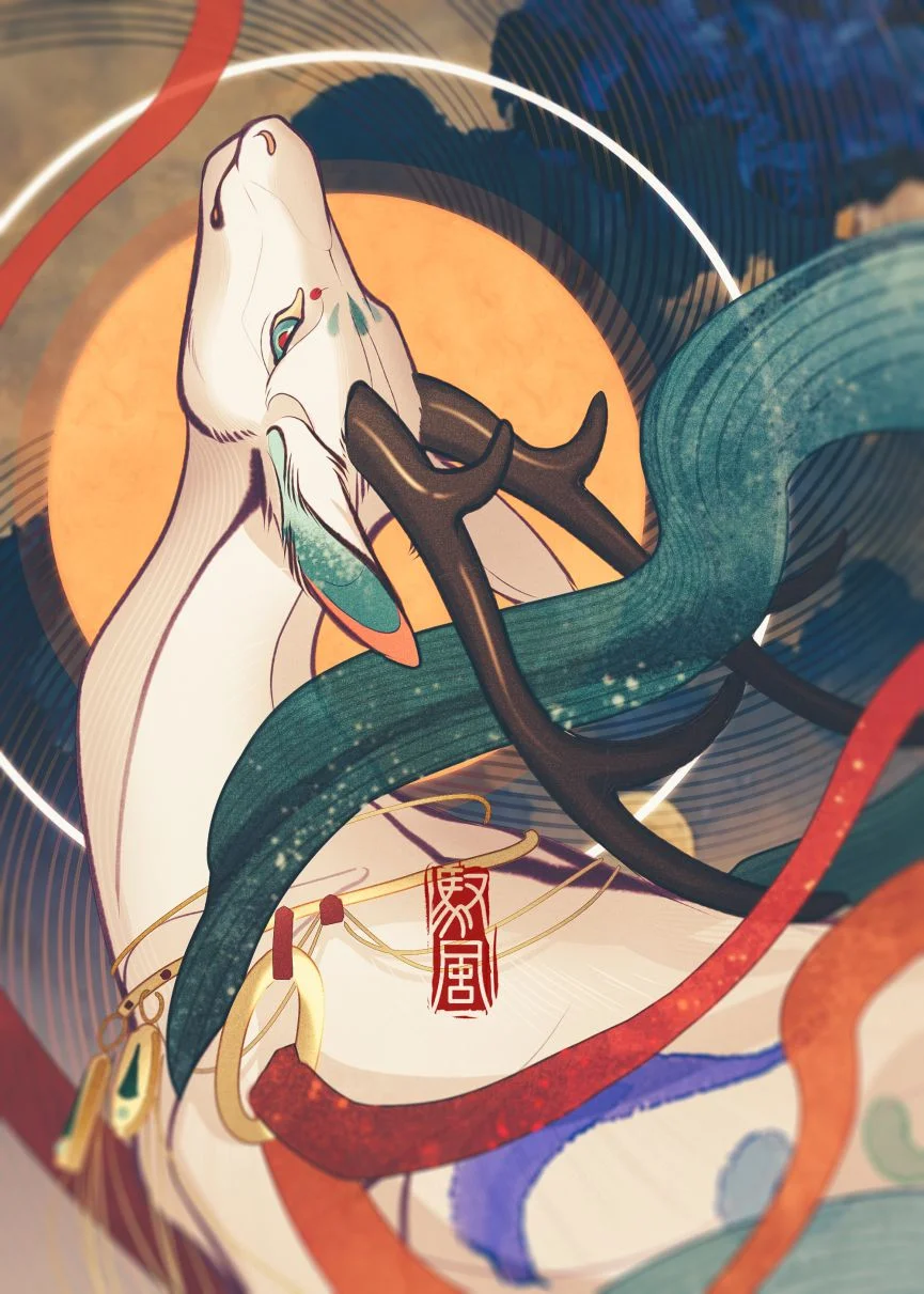 九色鹿 by 小驭, 古风, 插画, 神话, 兽设, 头像