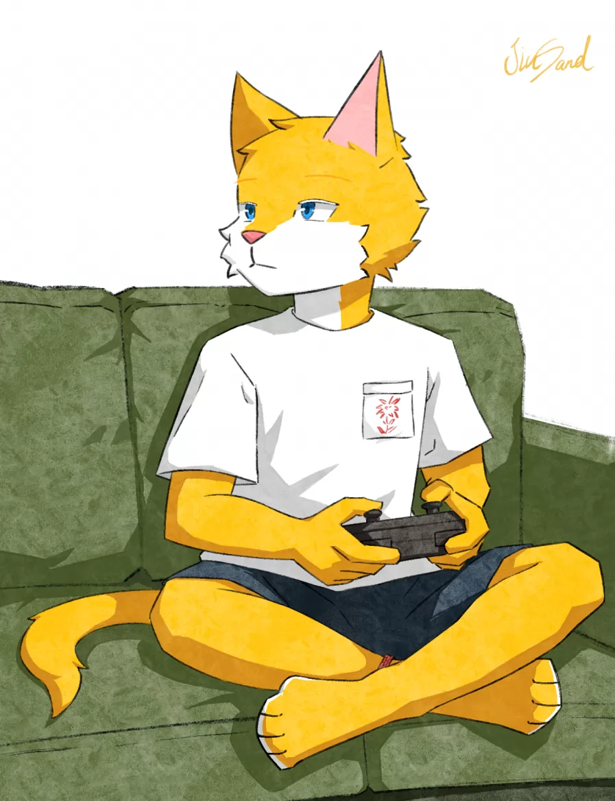 打游戏 by 久沙, oc, 猫