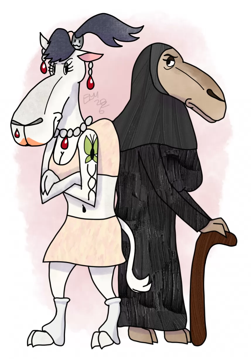 Two offended camels by EternalMoon, mammal, anthro, ungulate, camel, hijab, grumpy, arguing