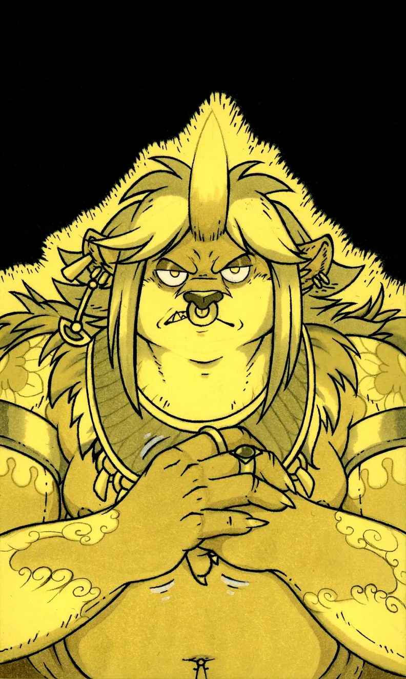 Sköll the Oni by Motsaenggin, motsaenggin, furry, anthro, ケモノ, kemono, postit, traditional, ink, tanuki, wolf, crossbreed, oni, demon, devil, piercing, tattoo, jewelry