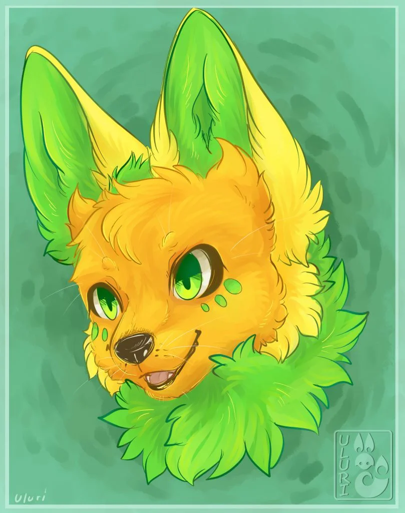 Uluri Portrait by Uluri, fox, canine, animal, furry, portrait, headshot, green, orange, yellow, female, girl, sketch