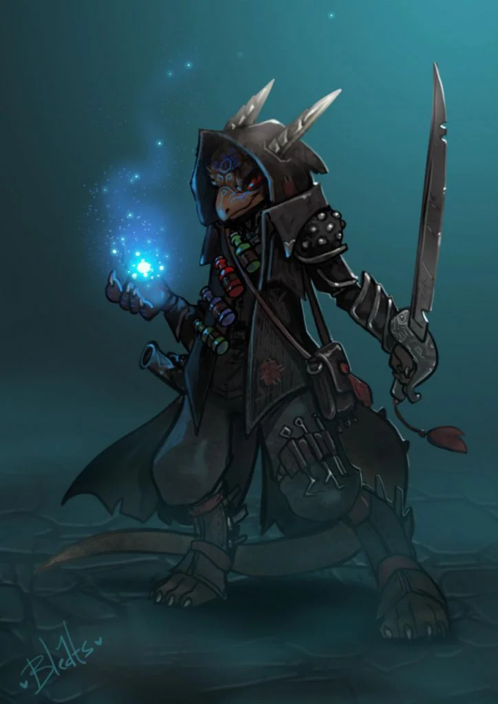 Arcane Kobold by Bleats, Solo, Male, Kobold, SFW, Armor, Leather, Alchemy, Magic, Arcane, Weapon, Sword, Horns, Art, Digital, Commission