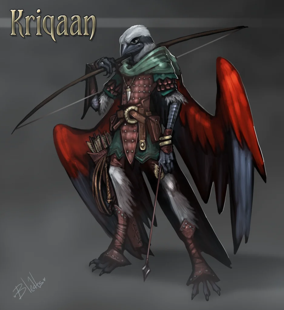 Kriqaan by Bleats, Solo, Male, Avian, Arakocra, SFW, Clothing, Armor, D&D, Ranger, Weapon, Bow, Arrow, Whip, Wings, Feathers, Art, Digital, Commission