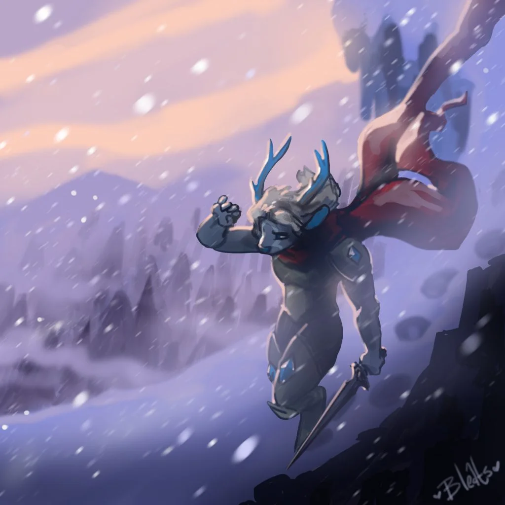 Freebie Stream - Itami by Bleats, solo, male, mammal, cervine, deer, clothing, scarf, armor, weapon, sword, fur, hair, antlers, snow, snowing, forest, trees, mountain, art, digial, freebie