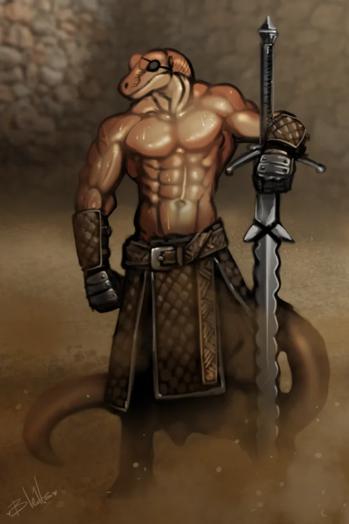 Training Day by Bleats, Male, SOlo, Lizard, KomodoDragon, SFW, Shirtless, Muscles, Armor, Weapon, Sword, Eyepatch, Sweat, Training, Art, Digital, Fantasy, Commission