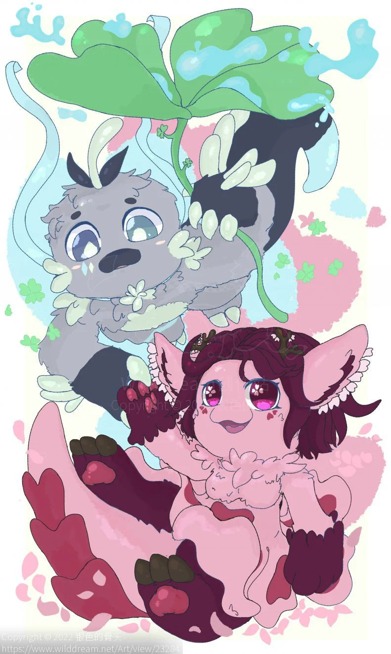 四叶草和樱花龙 by 银色的骨头, 龙, 毛毛龙, 赠图, 幻想生物, furry, 无偿