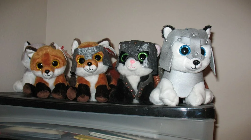Armored plushies by Jellofox, plushie, toy, armor, dog, cat, fox