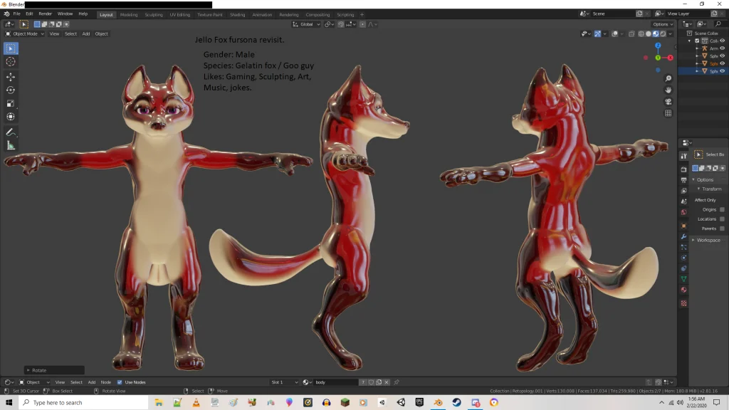Jello Fox Fursona Revisit by Jellofox, blender, 3d, fox