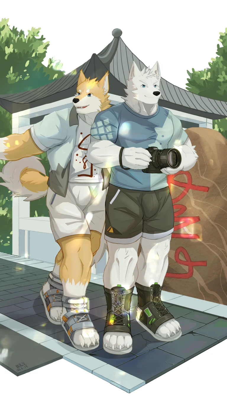 6.19纪念和阿义感情3周年贺图 by 刊刊, furry, 全身, 双人, 狼, 狗, 猞猁, 柴犬