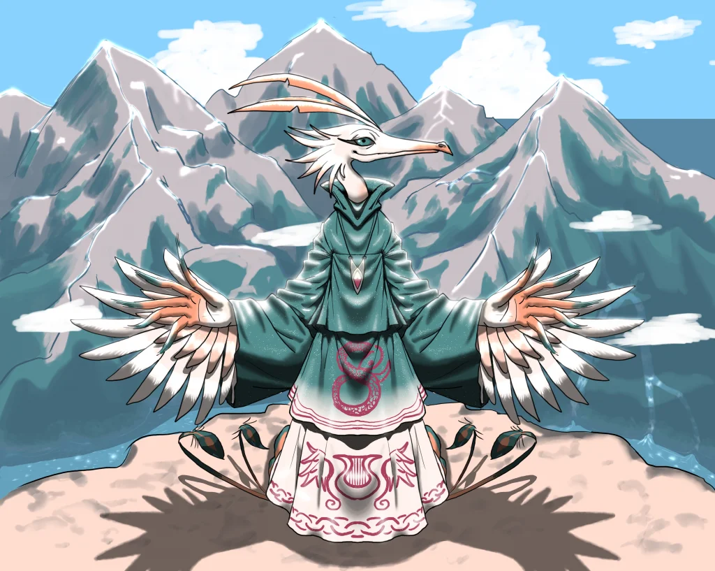 Ezileke by eukaryoticprokaryote, ambiguous gender, avian, colorful, crest, feather, feathers, mountain, robe, water