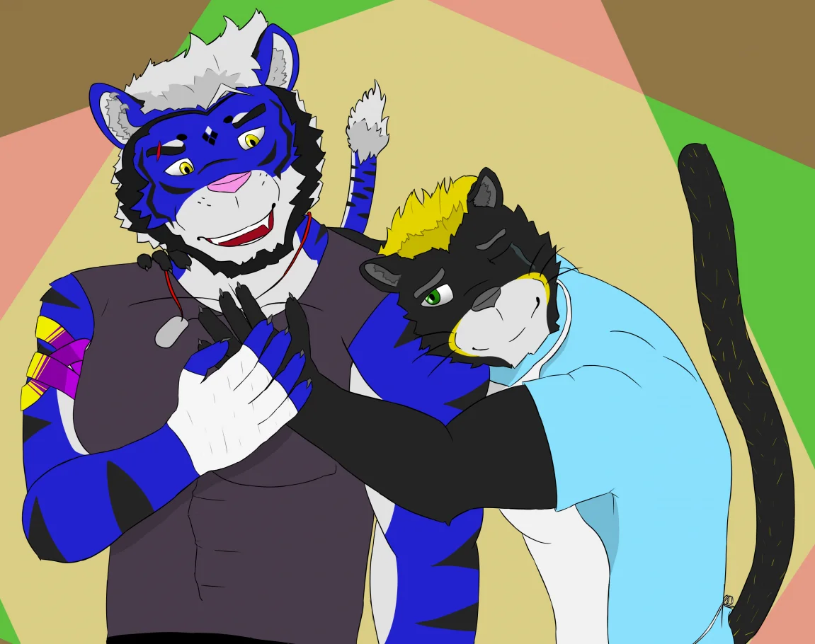 Surprise free hug ! (Brown background version) by Dragonmemo, Puma, Tiger, Hug