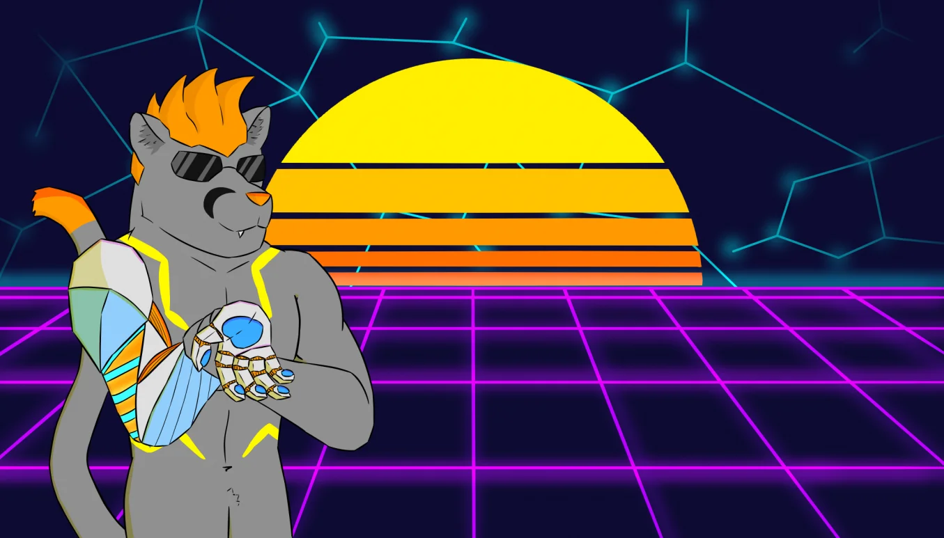 Vaporwave design session [WIP : 66%] by Dragonmemo, furry, Puma, feline, iris, cougar, mountain, lion, bara, cyberpunk, prosthesis