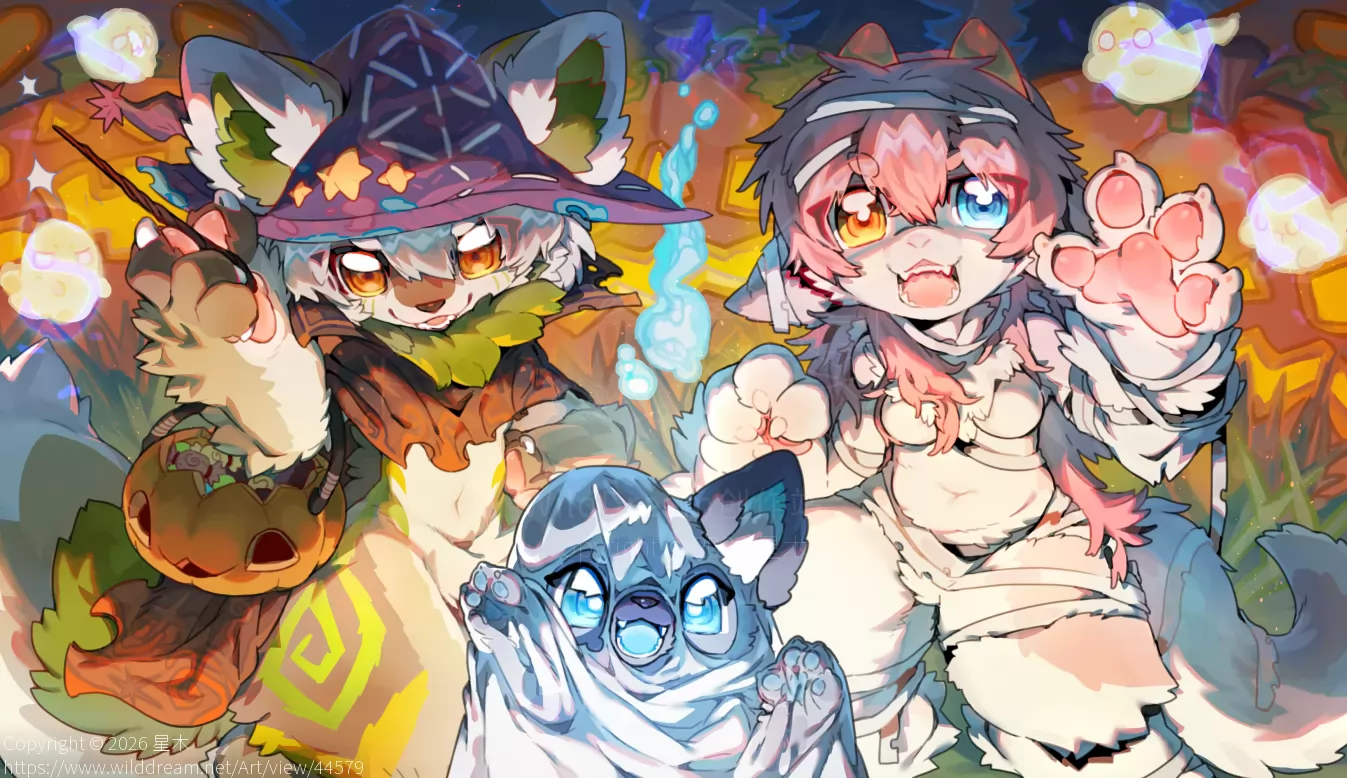 万圣节贺图 by 星木, 插画, 场景, 全身, furry, furry oc