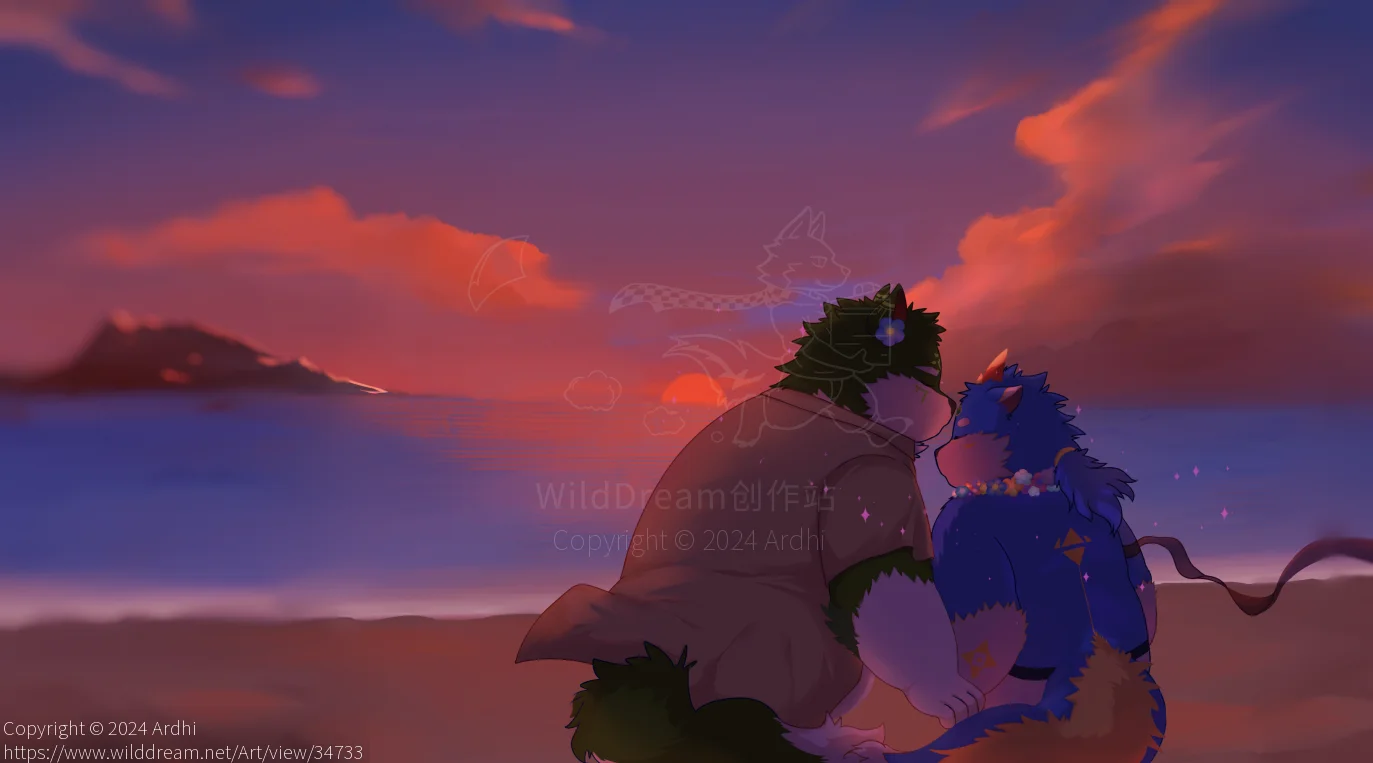 与你 by Ardhi, 云, 晚霞, 沙滩, 海, 狼, 纯爱, 背景, 落日, 风景, 龙