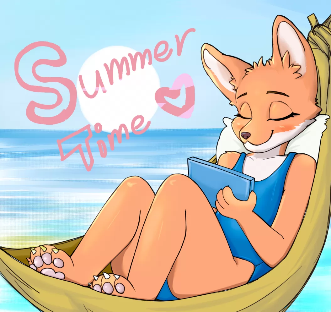 首次尝试上色 by Eira_Cinderace, 吊床, 夏天, 女性, 海, 狐狸, 躺, 闭眼
